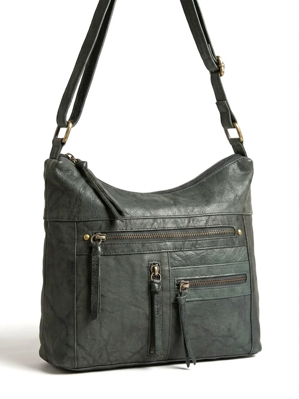 Great American LeatherWorks Slate Green Washed Leather Multi-Pocket Hobo Bag